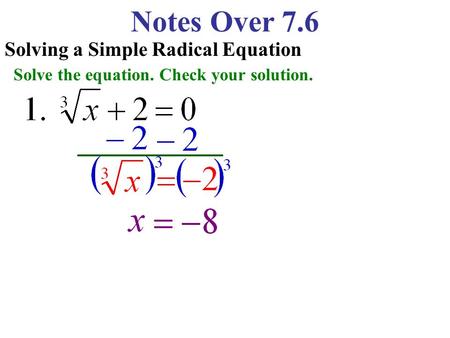 Notes Over 7.6 Solving a Simple Radical Equation Solve the equation. Check your solution.