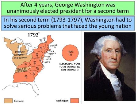 After 4 years, George Washington was unanimously elected president for a second term In his second term (1793-1797), Washington had to solve serious problems.