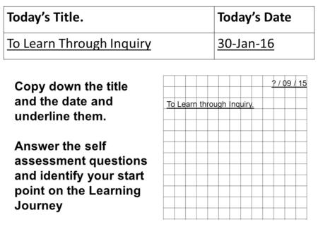Today’s Title.Today’s Date To Learn Through Inquiry30-Jan-16 Copy down the title and the date and underline them. Answer the self assessment questions.