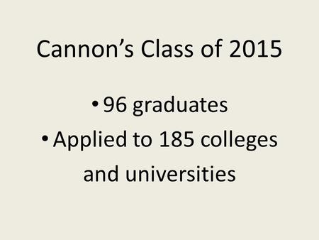Cannon’s Class of 2015 96 graduates Applied to 185 colleges and universities.