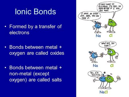 Ionic Bonds Formed by a transfer of electrons Bonds between metal + oxygen are called oxides Bonds between metal + non-metal (except oxygen) are called.