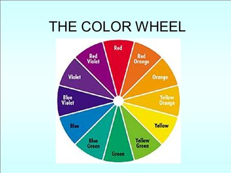 THE COLOR WHEEL. MIXING SECONDARIES RED + YELLOW = ORANGE RED + BLUE = VIOLET YELLOW + BLUE = GREEN.