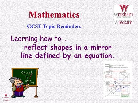 reflect shapes in a mirror line defined by an equation.