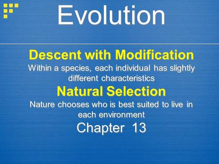 Evolution Descent with Modification Within a species, each individual has slightly different characteristics Natural Selection Nature chooses who is best.