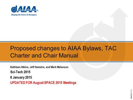 MM/DD/YYYY Proposed changes to AIAA Bylaws, TAC Charter and Chair Manual Kathleen Atkins, Jeff Hamstra, and Mark Melanson Sci-Tech 2015 8 January 2015.