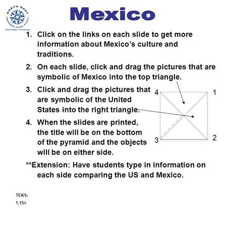 1.Click on the links on each slide to get more information about Mexico’s culture and traditions. 2.On each slide, click and drag the pictures that are.
