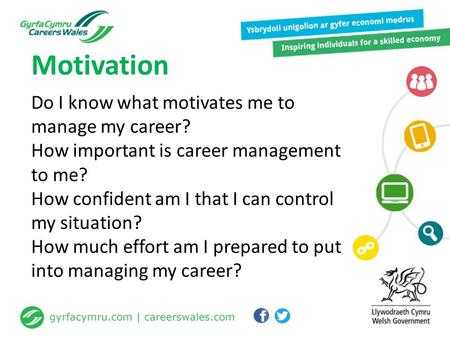 Do I know what motivates me to manage my career? How important is career management to me? How confident am I that I can control my situation? How much.
