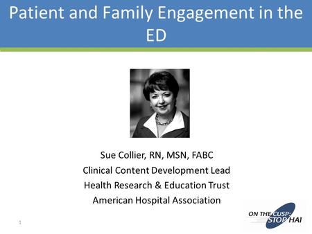 Patient and Family Engagement in the ED Sue Collier, RN, MSN, FABC Clinical Content Development Lead Health Research & Education Trust American Hospital.