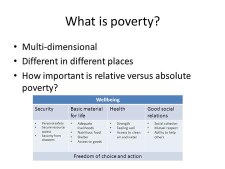 What is poverty? Multi-dimensional Different in different places How important is relative versus absolute poverty? Wellbeing SecurityBasic material for.