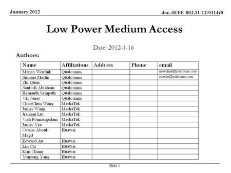 Doc.:IEEE 802.11-12/0114r0 January 2012 Low Power Medium Access Date: 2012-1-16 Slide 1 Authors: