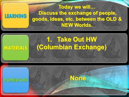 HOMEWORK COLUMBIAN EXCHANGE POSTER Task: Your group will draw/ cut out pictures representing your topic in the Columbian Exchange Topics 1)Old World.