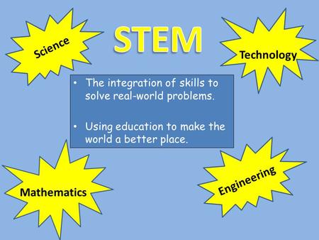 The integration of skills to solve real-world problems. Using education to make the world a better place. Science Technology Engineering Mathematics.