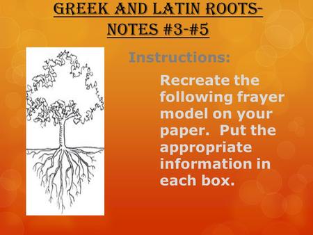Greek and Latin Roots- Notes #3-#5 Instructions: Recreate the following frayer model on your paper. Put the appropriate information in each box.