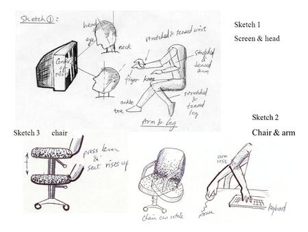 Sketch 2 Chair & arm Sketch 1 Screen & head Sketch 3 chair.