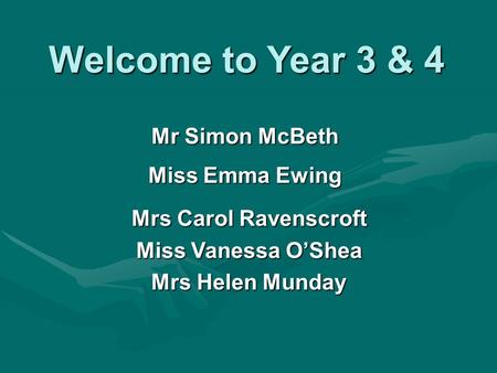 Mr Simon McBeth Miss Emma Ewing Mrs Carol Ravenscroft Miss Vanessa O’Shea Mrs Helen Munday Welcome to Year 3 & 4.