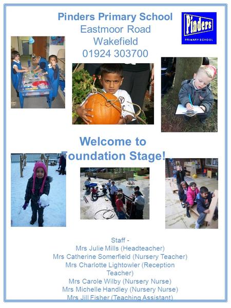 Welcome to Foundation Stage! Staff - Mrs Julie Mills (Headteacher) Mrs Catherine Somerfield (Nursery Teacher) Mrs Charlotte Lightowler (Reception Teacher)