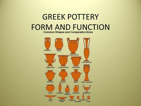 GREEK POTTERY FORM AND FUNCTION. Back Ground Where few paintings and statues survive, thousands of pieces of pottery survive and help historian reconstruct.