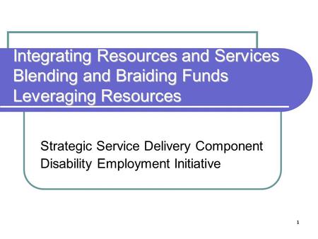 1 Integrating Resources and Services Blending and Braiding Funds Leveraging Resources Strategic Service Delivery Component Disability Employment Initiative.