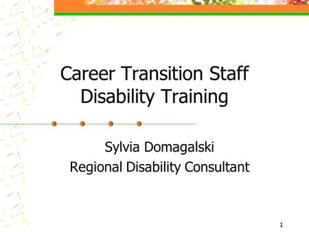 1 Career Transition Staff Disability Training Sylvia Domagalski Regional Disability Consultant.