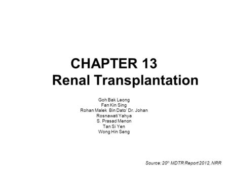 CHAPTER 13 Renal Transplantation Goh Bak Leong Fan Kin Sing Rohan Malek Bin Dato’ Dr. Johan Rosnawati Yahya S. Prasad Menon Tan Si Yen Wong Hin Seng Source: