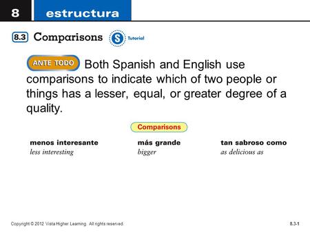 Copyright © 2012 Vista Higher Learning. All rights reserved.8.3-1  Both Spanish and English use comparisons to indicate which of two people or things.