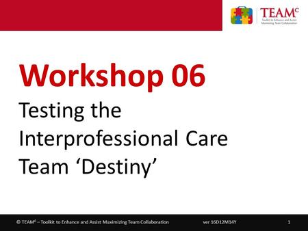 Workshop 06 – Testing the Interprofessional Care Team ‘Destiny’ ver 16D12M14Y1© TEAM C – Toolkit to Enhance and Assist Maximizing Team Collaboration Workshop.