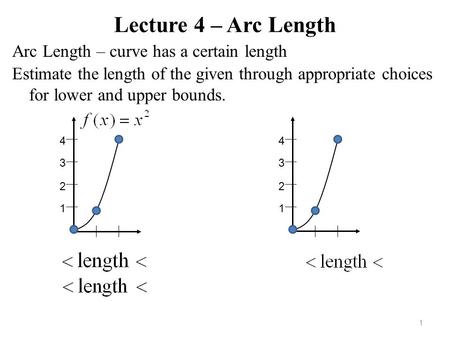 Lecture 4 – Arc Length Arc Length – curve has a certain length 1 2 1 Estimate the length of the given through appropriate choices for lower and upper bounds.