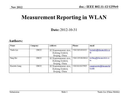 Doc.: IEEE 802.11-12/1259r0 SubmissionYunlu Liu (China Mobile)Slide 1 Measurement Reporting in WLAN Date: 2012-10-31 Authors: Nov 2012.