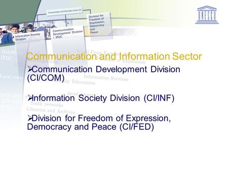 1 Communication and Information Sector  Communication Development Division (CI/COM)  Information Society Division (CI/INF)  Division for Freedom of.