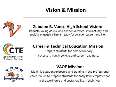Zebulon B. Vance High School Vision: Graduate young adults who are self-directed, intellectually and socially engaged citizens ready for college, career,