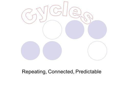 Repeating, Connected, Predictable. Where have you heard the word cycle before? Water cycle? Motorcycle? Bicycle? Wash cycle? Recycle?