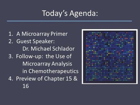 Today’s Agenda: 1. A Microarray Primer 2. Guest Speaker: Dr. Michael Schlador 3. Follow-up: the Use of Microarray Analysis in Chemotherapeutics 4. Preview.