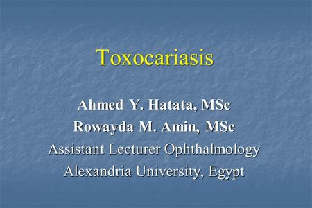 Ahmed Y. Hatata, MSc Rowayda M. Amin, MSc Assistant Lecturer Ophthalmology Alexandria University, Egypt Toxocariasis.