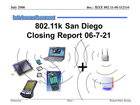 July 2006 Richard Paine, BoeingSlide 1 doc.: IEEE 802.11-06/1121r0 Submission 802.11k San Diego Closing Report 06-7-21 +