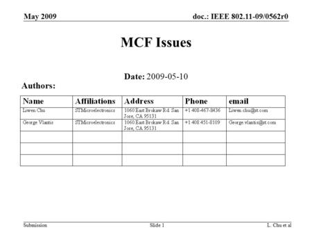 Doc.: IEEE 802.11-09/0562r0 Submission May 2009 L. Chu et alSlide 1 MCF Issues Date: 2009-05-10 Authors: