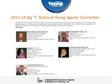 2013-14 Big “I” National Young Agents Committee. What does the national YAC do? What opportunities are there for your young agents to be involved nationally?
