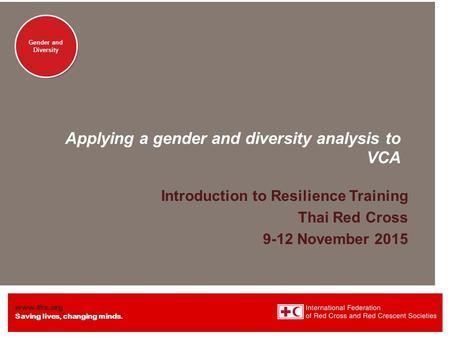 Www.ifrc.org Saving lives, changing minds. Gender and Diversity Applying a gender and diversity analysis to VCA Introduction to Resilience Training Thai.