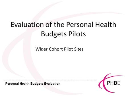 Personal Health Budgets Evaluation Evaluation of the Personal Health Budgets Pilots Wider Cohort Pilot Sites.