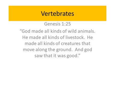 Vertebrates Genesis 1:25 “God made all kinds of wild animals. He made all kinds of livestock. He made all kinds of creatures that move along the ground.