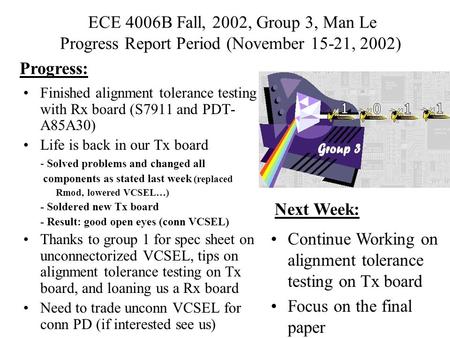 ECE 4006B Fall, 2002, Group 3, Man Le Progress Report Period (November 15-21, 2002) Finished alignment tolerance testing with Rx board (S7911 and PDT-