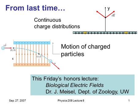Sep. 27, 2007Physics 208 Lecture 81 From last time… This Friday’s honors lecture: Biological Electric Fields Dr. J. Meisel, Dept. of Zoology, UW Continuous.