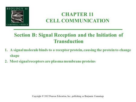 CHAPTER 11 CELL COMMUNICATION Copyright © 2002 Pearson Education, Inc., publishing as Benjamin Cummings Section B: Signal Reception and the Initiation.