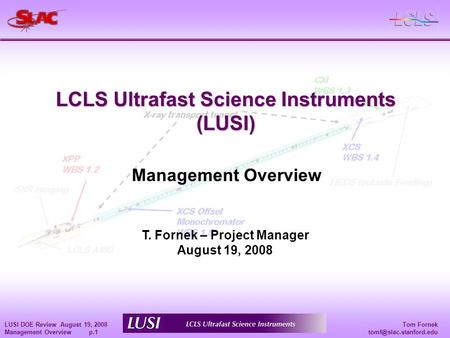 Tom Fornek LUSI DOE Review August 19, 2008 Management Overview p.1 LCLS Ultrafast Science Instruments (LUSI) T. Fornek – Project.