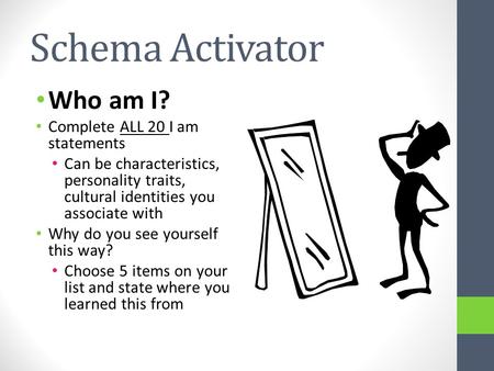 Schema Activator Who am I? Complete ALL 20 I am statements Can be characteristics, personality traits, cultural identities you associate with Why do you.