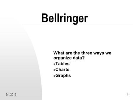 What are the three ways we organize data? Tables Charts Graphs