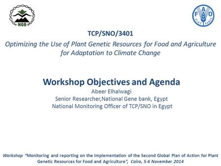 Workshop Objectives and Agenda Abeer Elhalwagi Senior Researcher,National Gene bank, Egypt National Monitoring Officer of TCP/SNO in Egypt TCP/SNO/3401.