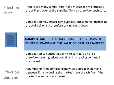 COMPETITION – THE NUMBER AND RELATIVE POWER OF FIRMS TRADING IN THE SAME OR SIMILAR MARKETS. Effect on demand Effect on costs If there are many competitors.