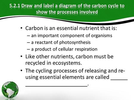 Carbon is an essential nutrient that is: – an important component of organisms – a reactant of photosynthesis – a product of cellular respiration Like.