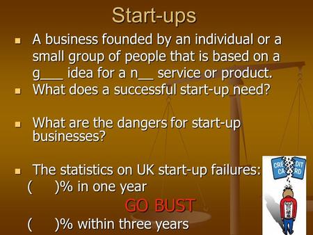 Start-ups A business founded by an individual or a small group of people that is based on a g___ idea for a n__ service or product. A business founded.