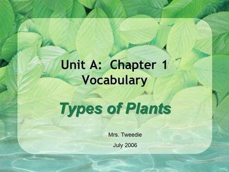 Unit A: Chapter 1 Vocabulary Types of Plants Mrs. Tweedie July 2006.